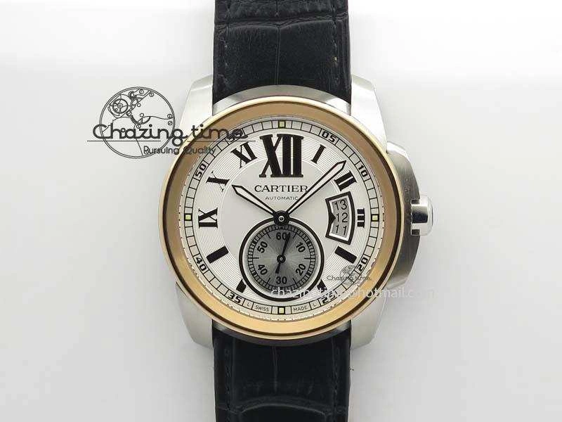 Calibre De Cartier SS RG JF Best Edition White Dial On Black Leather Strap A23J