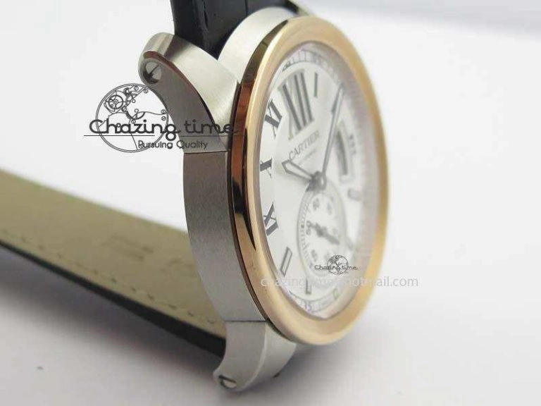 Calibre De Cartier SS RG JF Best Edition White Dial On Black Leather Strap A23J
