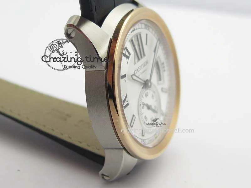 Calibre De Cartier SS RG JF Best Edition White Dial On Black Leather Strap A23J