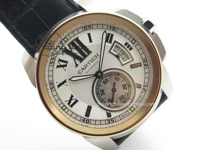 Calibre De Cartier SS RG JF Best Edition White Dial On Black Leather Strap A23J
