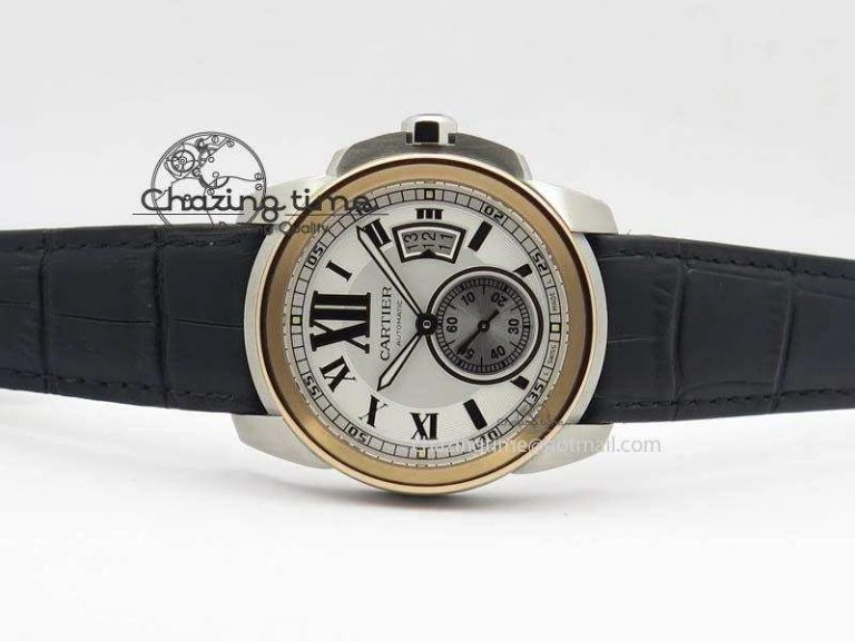 Calibre De Cartier SS RG JF Best Edition White Dial On Black Leather Strap A23J