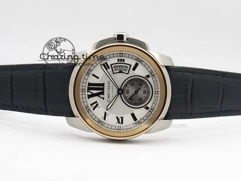 Calibre De Cartier SS RG JF Best Edition White Dial On Black Leather Strap A23J