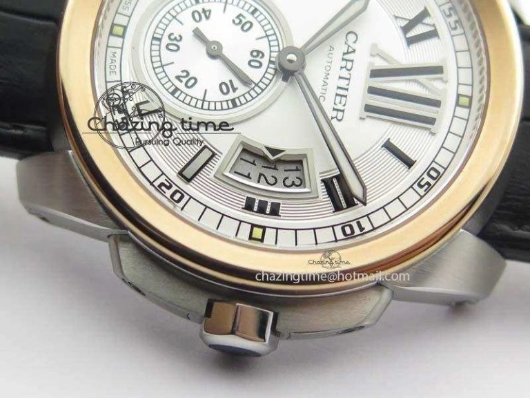 Calibre De Cartier SS RG JF Best Edition White Dial On Black Leather Strap A23J