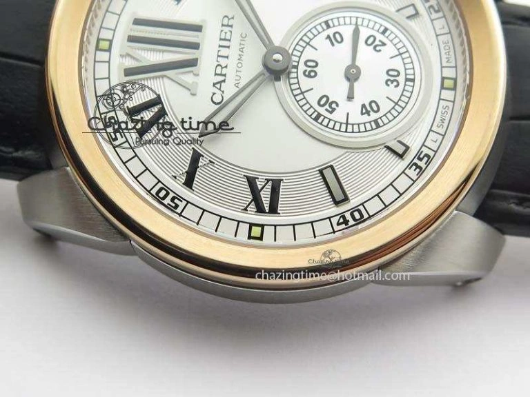 Calibre De Cartier SS RG JF Best Edition White Dial On Black Leather Strap A23J
