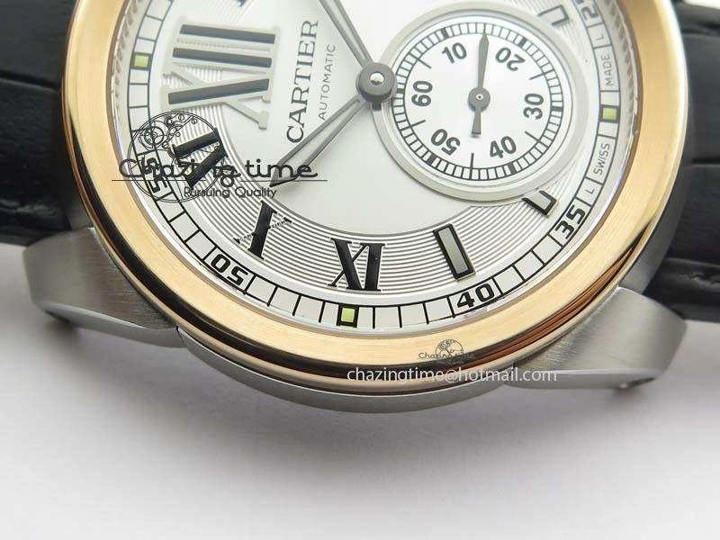 Calibre De Cartier SS RG JF Best Edition White Dial On Black Leather Strap A23J