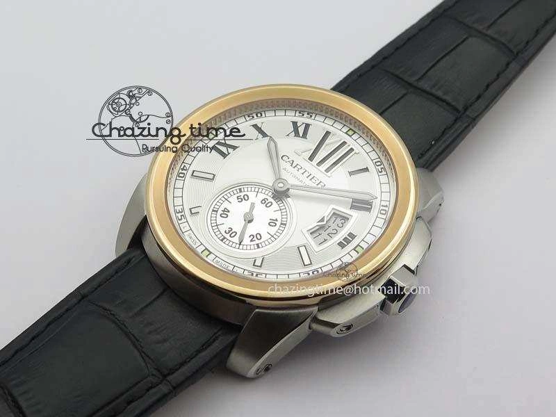 Calibre De Cartier SS RG JF Best Edition White Dial On Black Leather Strap A23J