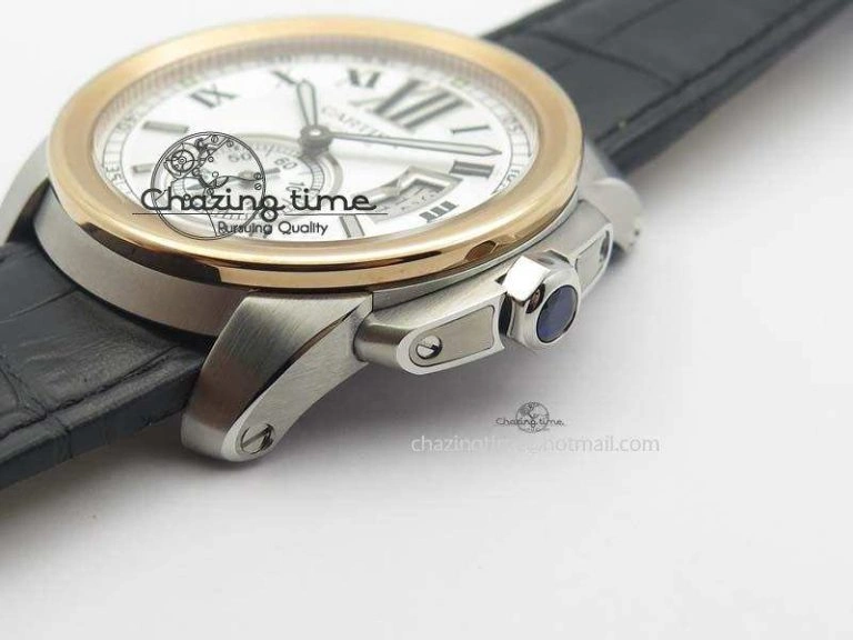 Calibre De Cartier SS RG JF Best Edition White Dial On Black Leather Strap A23J