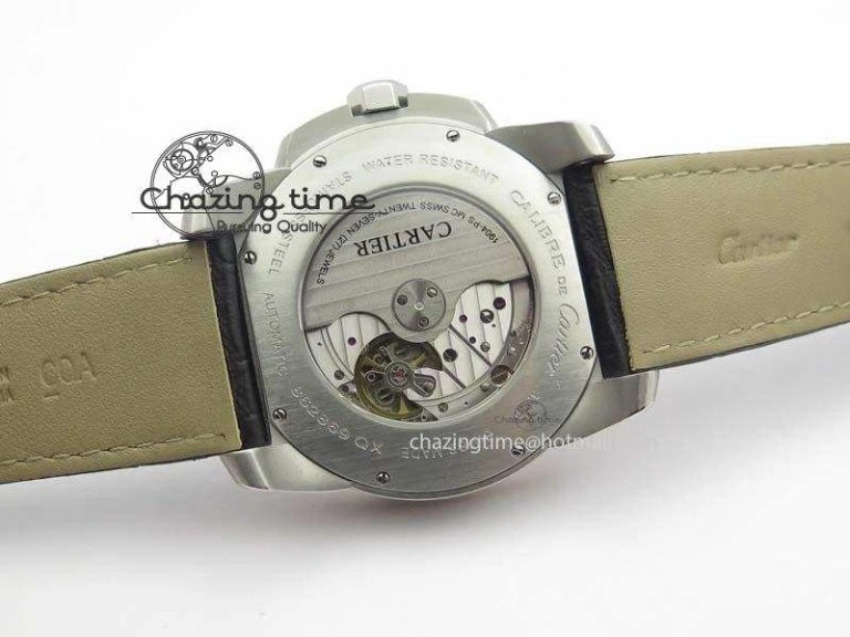 Calibre De Cartier SS RG JF Best Edition White Dial On Black Leather Strap A23J