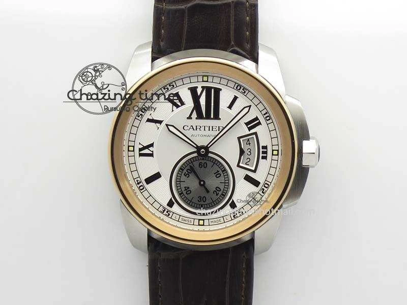 Calibre De Cartier SS RG JF Best Edition White Dial On Brown Leather Strap A23J