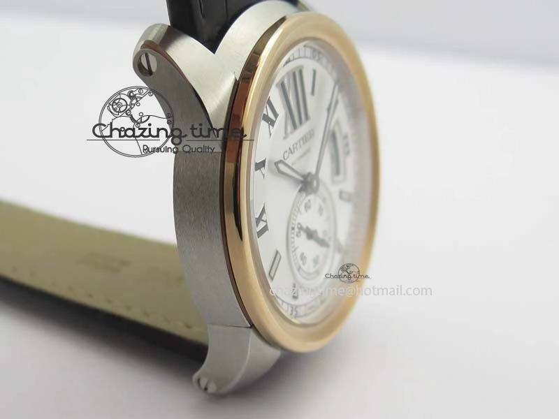 Calibre De Cartier SS RG JF Best Edition White Dial On Brown Leather Strap A23J