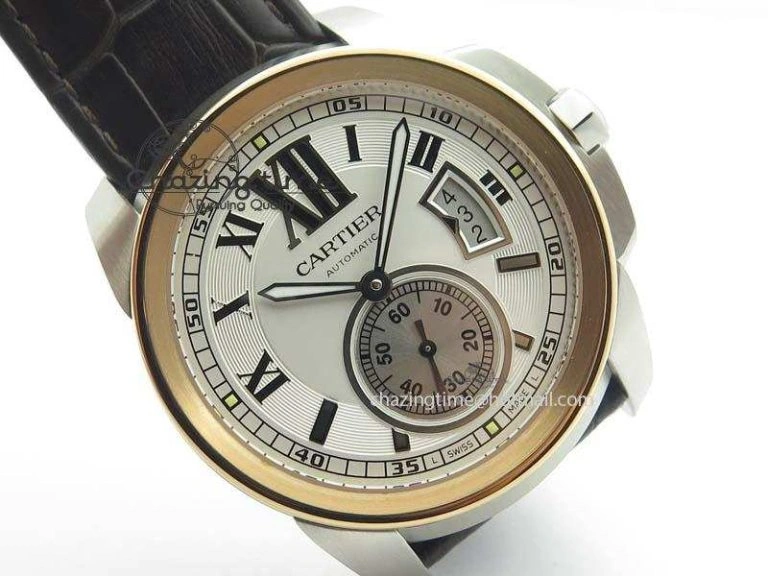 Calibre De Cartier SS RG JF Best Edition White Dial On Brown Leather Strap A23J