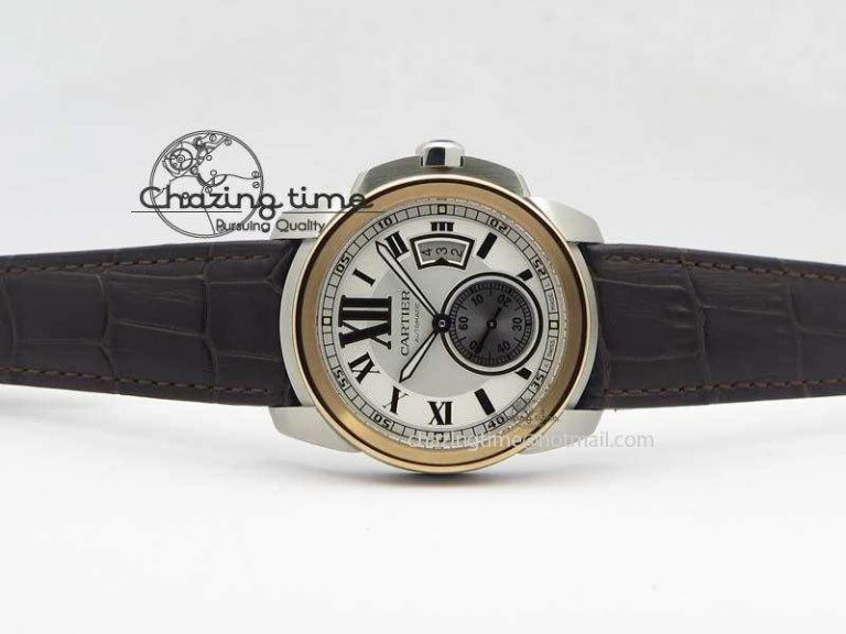 Calibre De Cartier SS RG JF Best Edition White Dial On Brown Leather Strap A23J