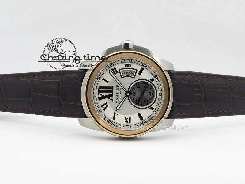 Calibre De Cartier SS RG JF Best Edition White Dial On Brown Leather Strap A23J