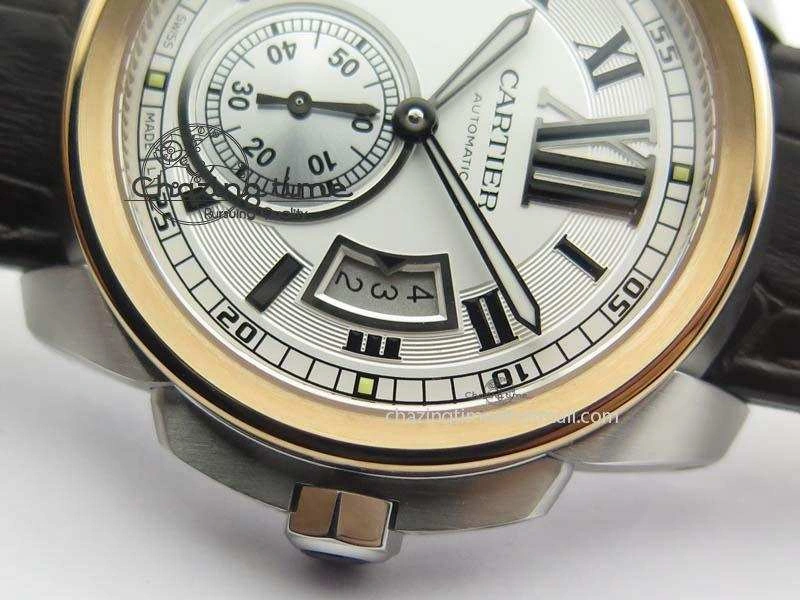 Calibre De Cartier SS RG JF Best Edition White Dial On Brown Leather Strap A23J