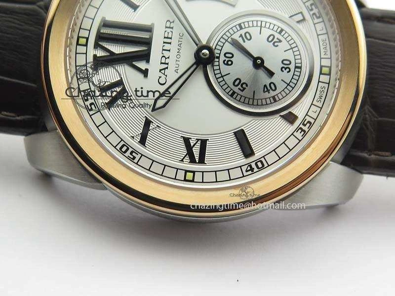 Calibre De Cartier SS RG JF Best Edition White Dial On Brown Leather Strap A23J