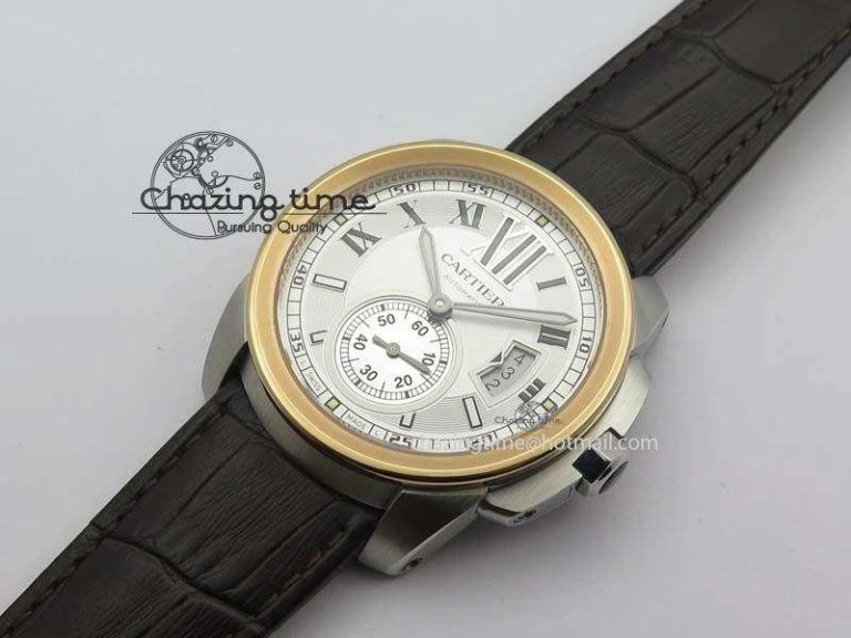 Calibre De Cartier SS RG JF Best Edition White Dial On Brown Leather Strap A23J