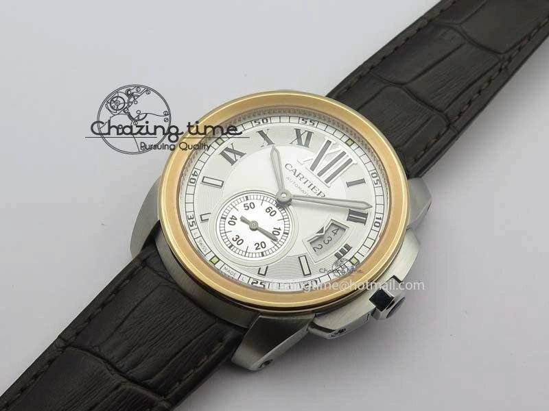 Calibre De Cartier SS RG JF Best Edition White Dial On Brown Leather Strap A23J
