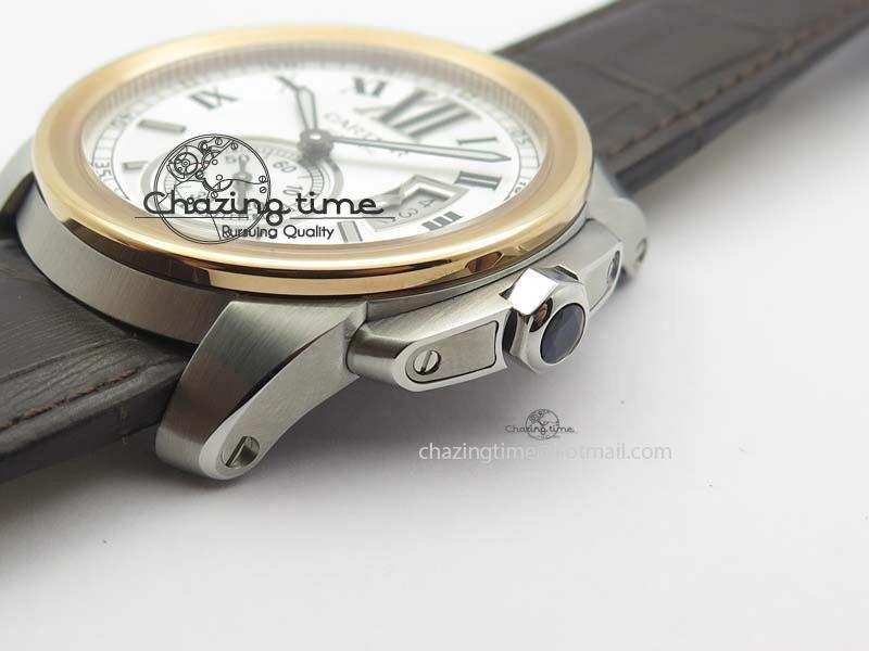 Calibre De Cartier SS RG JF Best Edition White Dial On Brown Leather Strap A23J