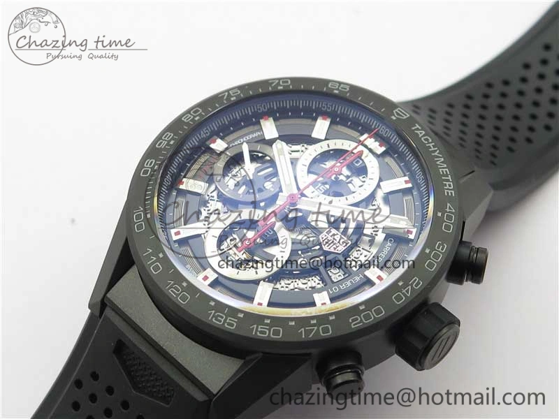 Calibre Heuer 01 Chrono 43mm Ceramic XF 1:1 Best Edition Skeleton Dial Red Hand on Black Rubber Strap A1887