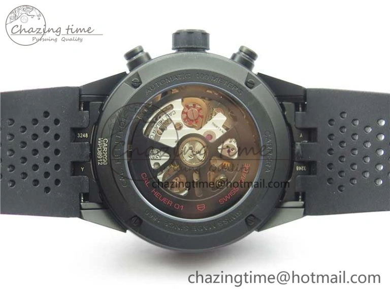 Calibre Heuer 01 Chrono 43mm Ceramic XF 1:1 Best Edition Skeleton Dial Red Hand on Black Rubber Strap A1887