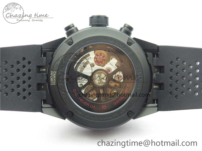 Calibre Heuer 01 Chrono 43mm Ceramic XF 1:1 Best Edition Skeleton Dial Red Hand on Black Rubber Strap A1887