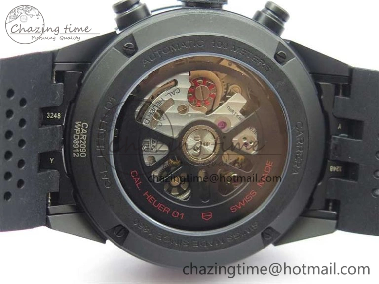 Calibre Heuer 01 Chrono 43mm Ceramic XF 1:1 Best Edition Skeleton Dial Red Hand on Black Rubber Strap A1887