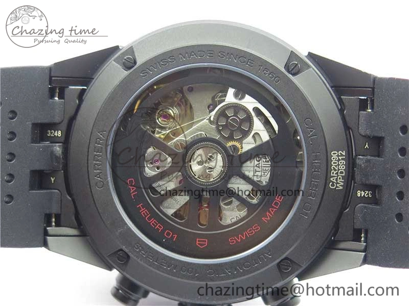 Calibre Heuer 01 Chrono 43mm Ceramic XF 1:1 Best Edition Skeleton Dial Red Hand on Black Rubber Strap A1887