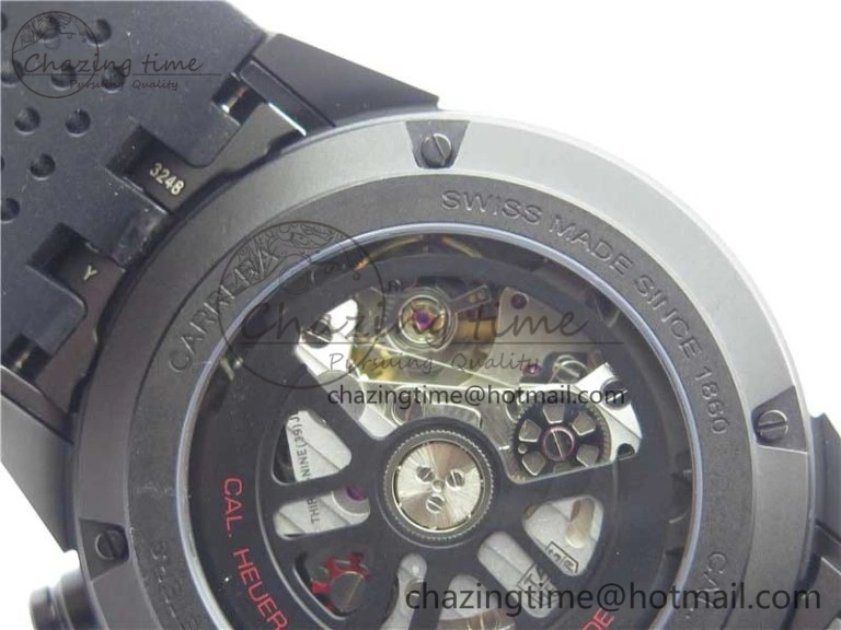 Calibre Heuer 01 Chrono 43mm Ceramic XF 1:1 Best Edition Skeleton Dial Red Hand on Black Rubber Strap A1887