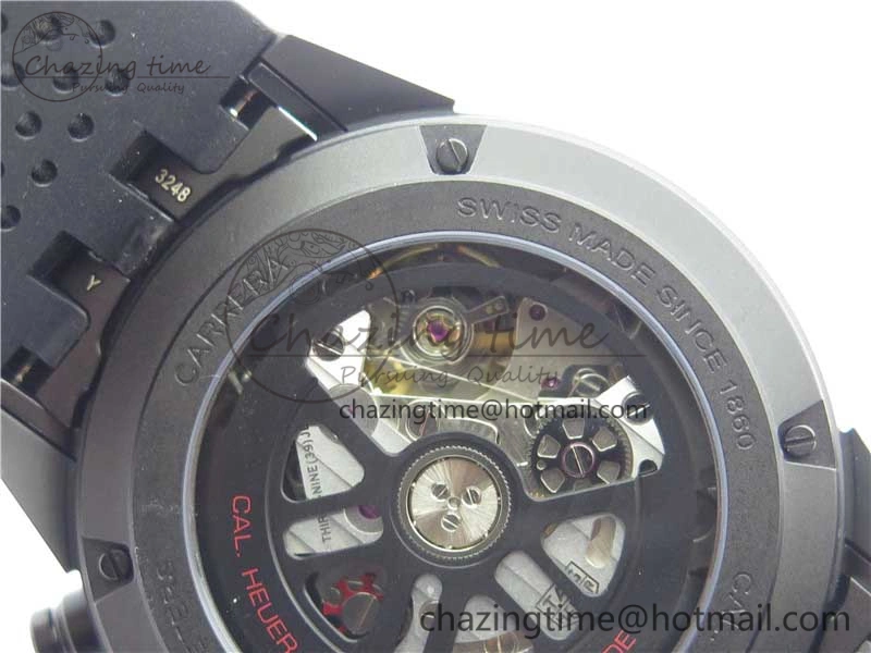 Calibre Heuer 01 Chrono 43mm Ceramic XF 1:1 Best Edition Skeleton Dial Red Hand on Black Rubber Strap A1887