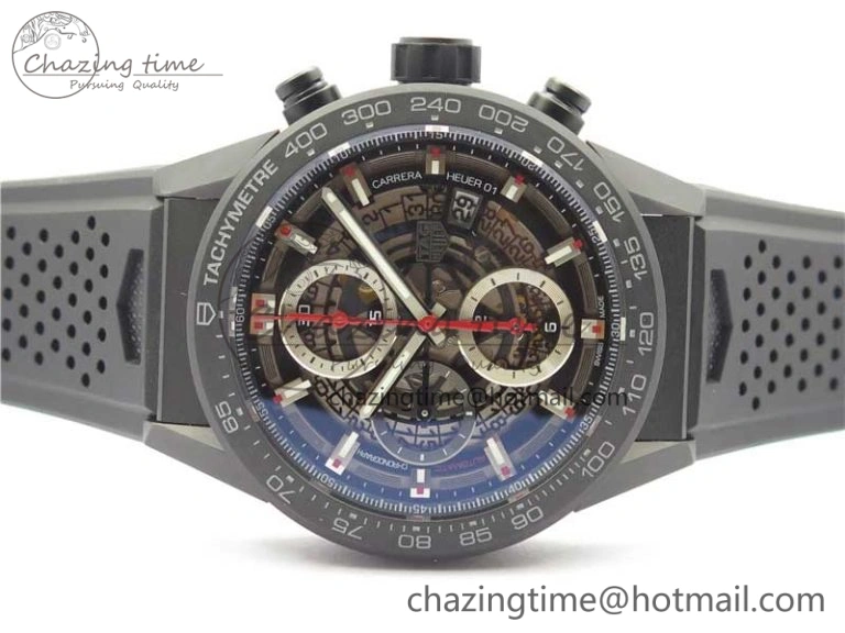 Calibre Heuer 01 Chrono 43mm Ceramic XF 1:1 Best Edition Skeleton Dial Red Hand on Black Rubber Strap A1887