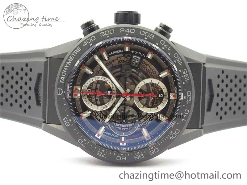 Calibre Heuer 01 Chrono 43mm Ceramic XF 1:1 Best Edition Skeleton Dial Red Hand on Black Rubber Strap A1887