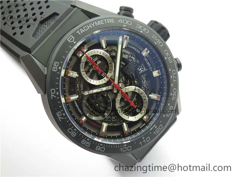 Calibre Heuer 01 Chrono 43mm Ceramic XF 1:1 Best Edition Skeleton Dial Red Hand on Black Rubber Strap A1887