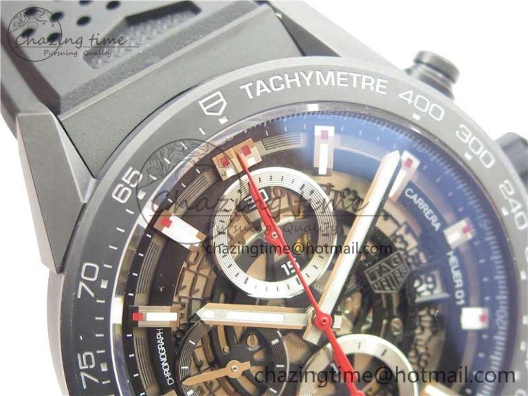Calibre Heuer 01 Chrono 43mm Ceramic XF 1:1 Best Edition Skeleton Dial Red Hand on Black Rubber Strap A1887