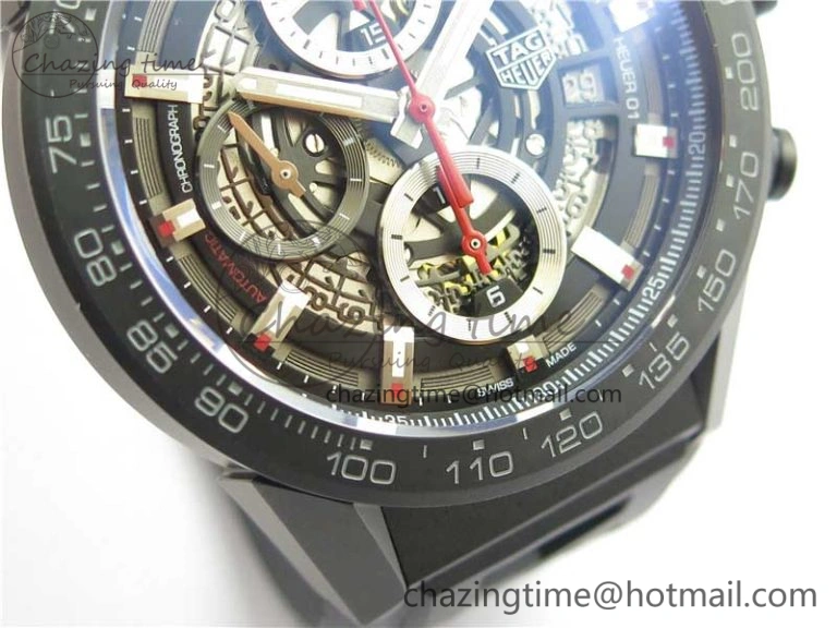 Calibre Heuer 01 Chrono 43mm Ceramic XF 1:1 Best Edition Skeleton Dial Red Hand on Black Rubber Strap A1887