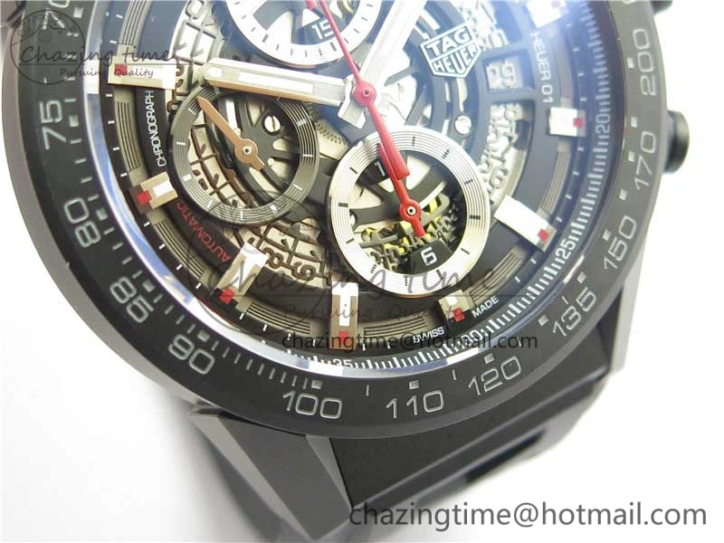 Calibre Heuer 01 Chrono 43mm Ceramic XF 1:1 Best Edition Skeleton Dial Red Hand on Black Rubber Strap A1887
