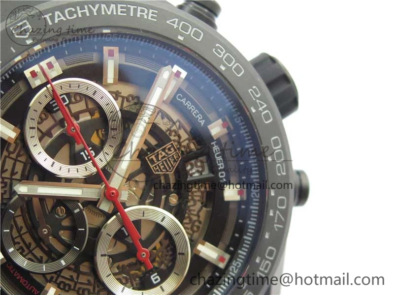 Calibre Heuer 01 Chrono 43mm Ceramic XF 1:1 Best Edition Skeleton Dial Red Hand on Black Rubber Strap A1887