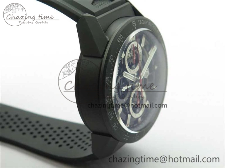 Calibre Heuer 01 Chrono 43mm Ceramic XF 1:1 Best Edition Skeleton Dial Red Hand on Black Rubber Strap A1887