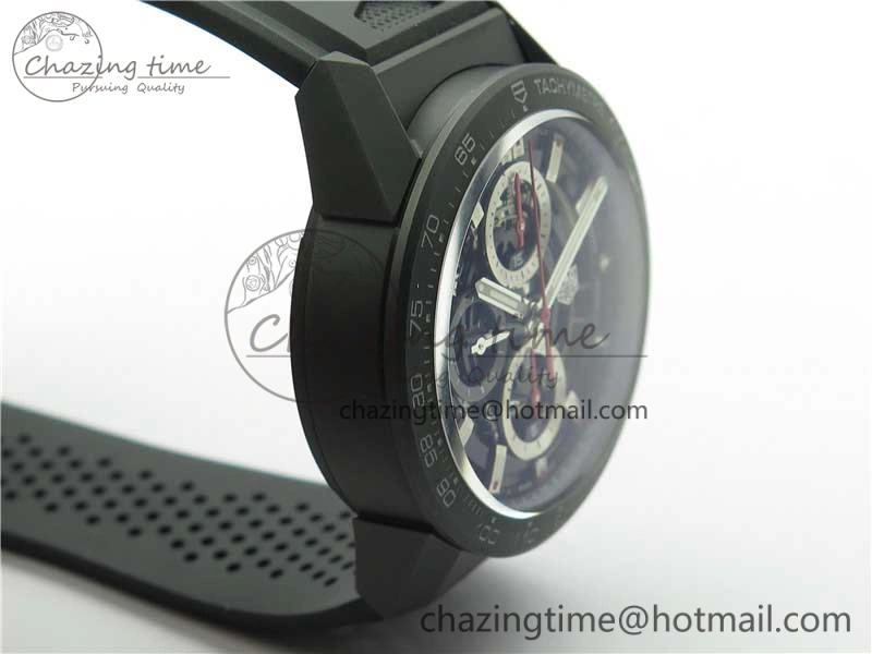Calibre Heuer 01 Chrono 43mm Ceramic XF 1:1 Best Edition Skeleton Dial Red Hand on Black Rubber Strap A1887