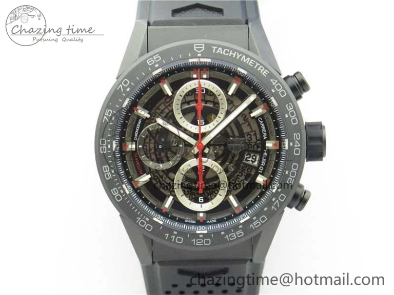 Calibre Heuer 01 Chrono 43mm Ceramic XF 1:1 Best Edition Skeleton Dial Red Hand on Black Rubber Strap A1887