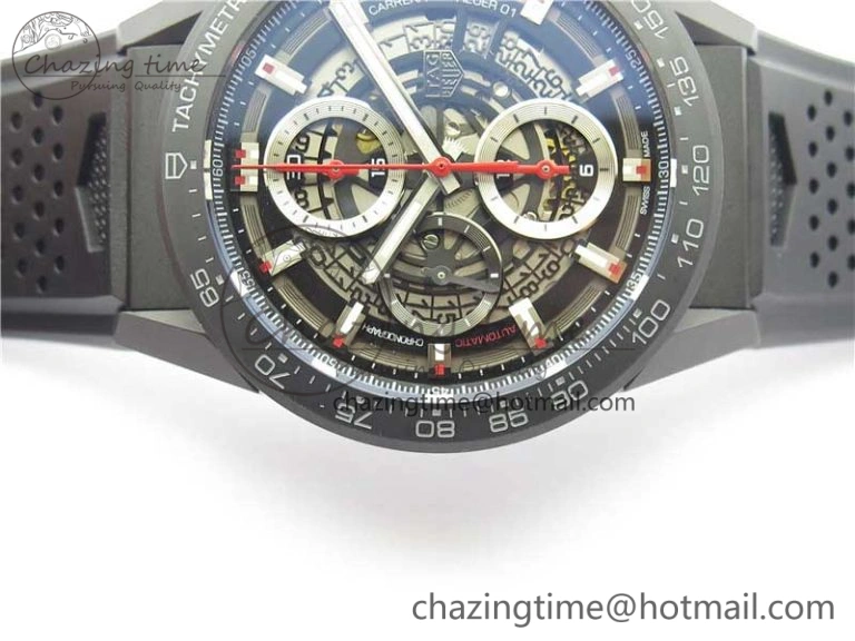 Calibre Heuer 01 Chrono 43mm Ceramic XF 1:1 Best Edition Skeleton Dial Red Hand on Black Rubber Strap A1887