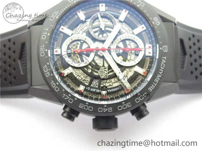 Calibre Heuer 01 Chrono 43mm Ceramic XF 1:1 Best Edition Skeleton Dial Red Hand on Black Rubber Strap A1887