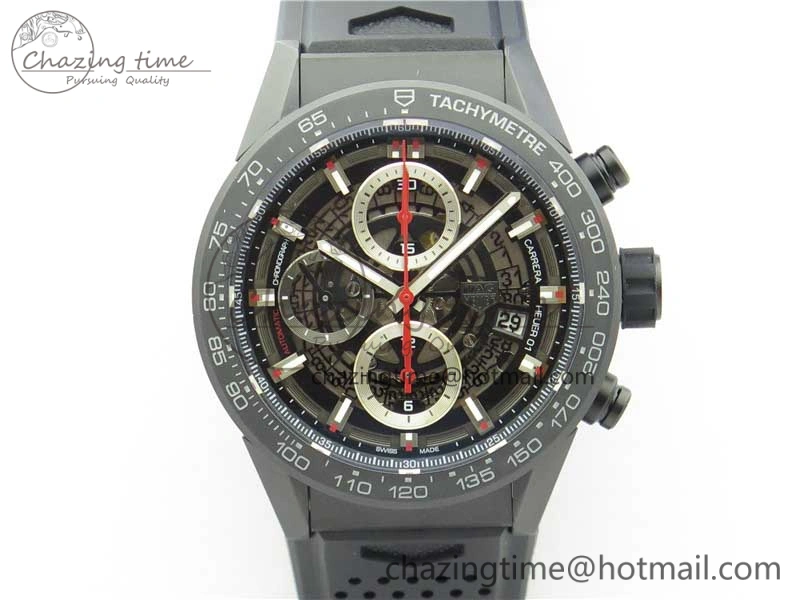 Calibre Heuer 01 Chrono 43mm Ceramic XF 1:1 Best Edition Skeleton Dial Red Hand on Black Rubber Strap A1887
