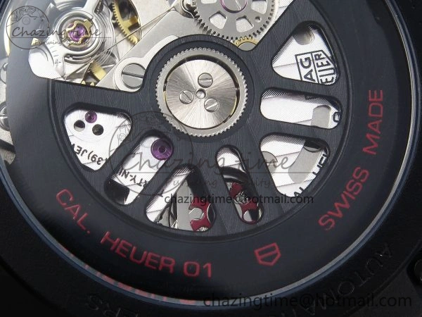 Calibre Heuer 01 Chrono 43mm Ceramic XF 1:1 Best Edition Skeleton Dial Red Hand on Ceramic Bracelet A1887