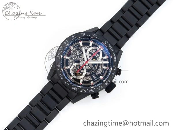 Calibre Heuer 01 Chrono 43mm Ceramic XF 1:1 Best Edition Skeleton Dial Red Hand on Ceramic Bracelet A1887