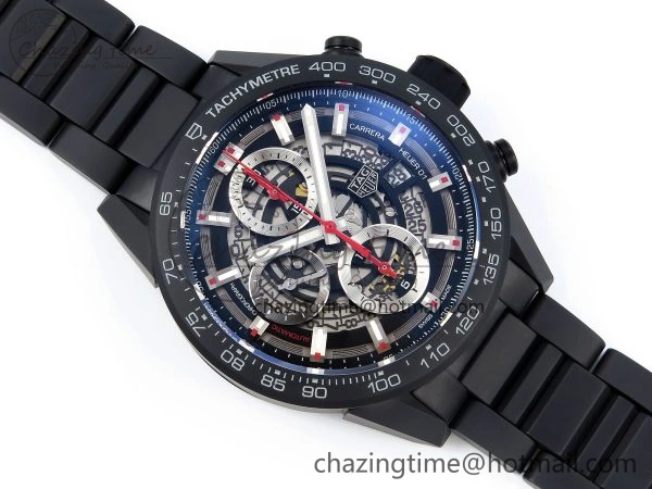Calibre Heuer 01 Chrono 43mm Ceramic XF 1:1 Best Edition Skeleton Dial Red Hand on Ceramic Bracelet A1887
