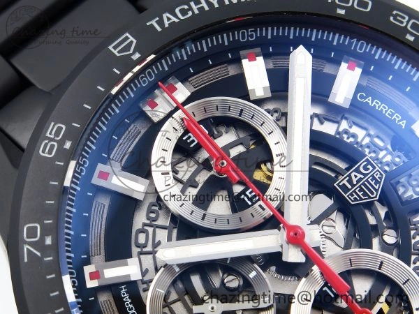 Calibre Heuer 01 Chrono 43mm Ceramic XF 1:1 Best Edition Skeleton Dial Red Hand on Ceramic Bracelet A1887