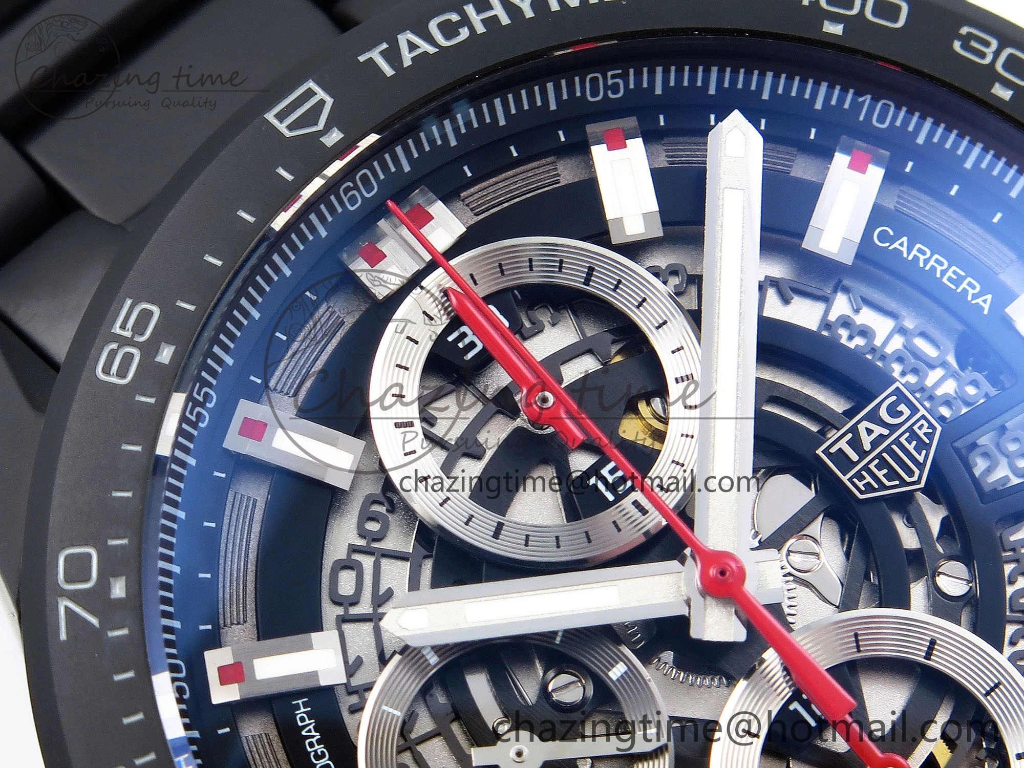 Calibre Heuer 01 Chrono 43mm Ceramic XF 1:1 Best Edition Skeleton Dial Red Hand on Ceramic Bracelet A1887