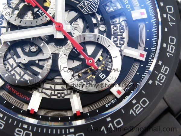 Calibre Heuer 01 Chrono 43mm Ceramic XF 1:1 Best Edition Skeleton Dial Red Hand on Ceramic Bracelet A1887