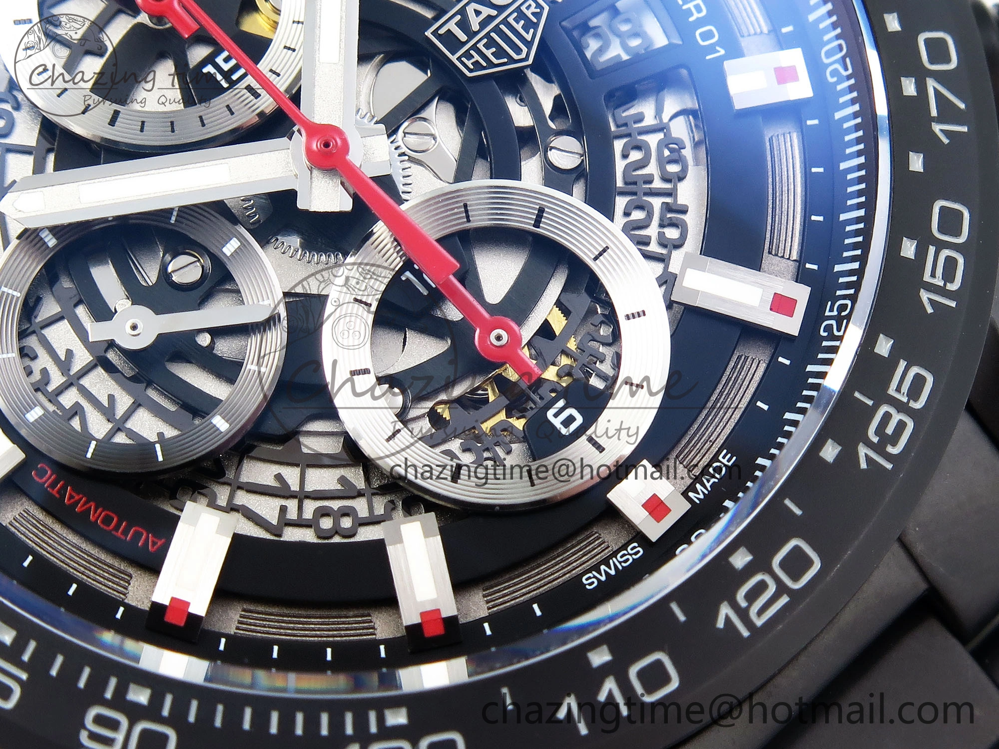 Calibre Heuer 01 Chrono 43mm Ceramic XF 1:1 Best Edition Skeleton Dial Red Hand on Ceramic Bracelet A1887