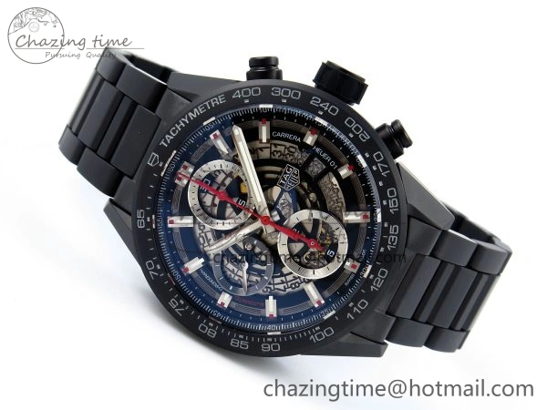 Calibre Heuer 01 Chrono 43mm Ceramic XF 1:1 Best Edition Skeleton Dial Red Hand on Ceramic Bracelet A1887